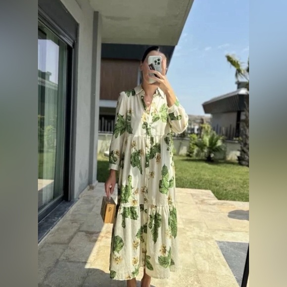 ZARA WOMAN FLORAL PRINT MIDI DRESS Long sleeves leaf tropical bloggers favourite - Picture 3 of 9